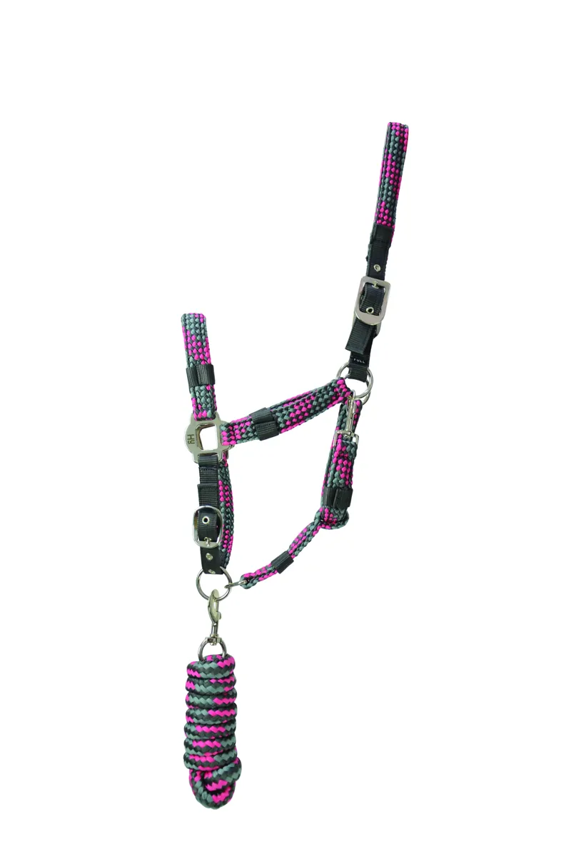 Hy Equestrian Multicolour Adjustable Head Collar With Rope - Dark Grey/Grey/Pink